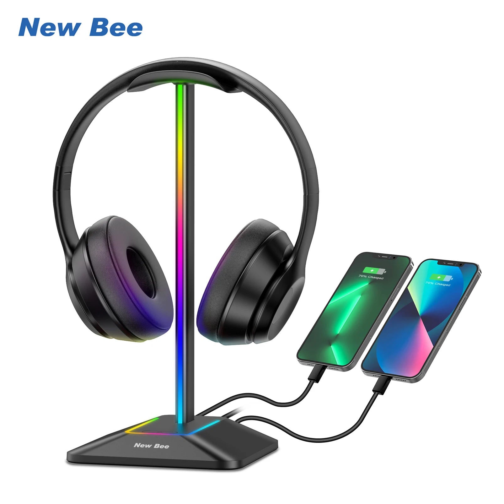 SetupCove Headphone Stand – RGB Dual-USB Headset Holder for Gaming Desks (in use, charging two phones)