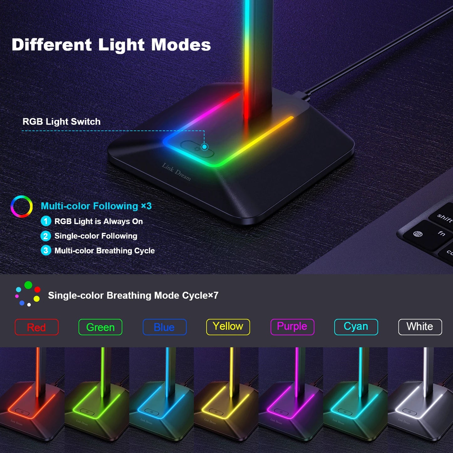SetupCove Headphone Stand – RGB Dual-USB Headset Holder for Gaming Desks (RGB lighting detail)